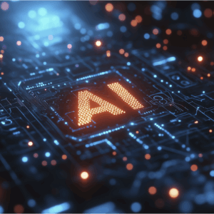 Abstract digital illustration of AI processing within a network or hardware environment.