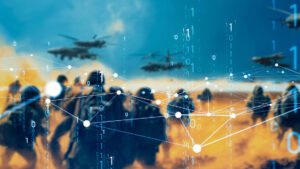 Illustration of military and rescue operations with digital network overlay symbolising 5G wireless communications for defence and security.
