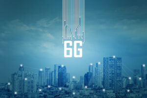 City skyline with 6G text and digital network graphic overlay