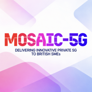 MOSAIC-5G logo and private 5G strapline on an abstract pink, purple and blue background